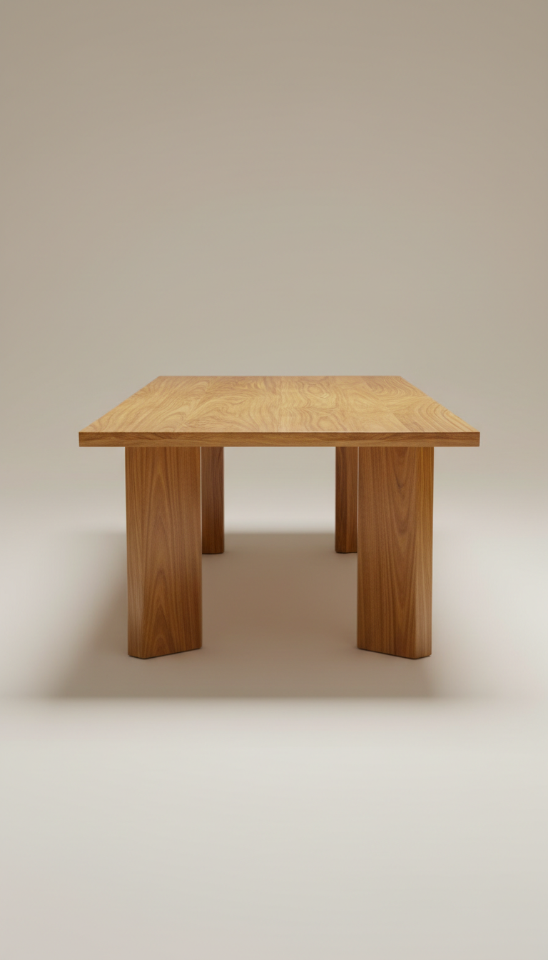 A high-end teak wood dining table, shadowless lighting reveals the table's sleek design and luxury materials. A subtle...