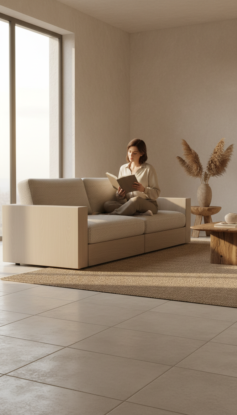Modular taupe oak sofa in use