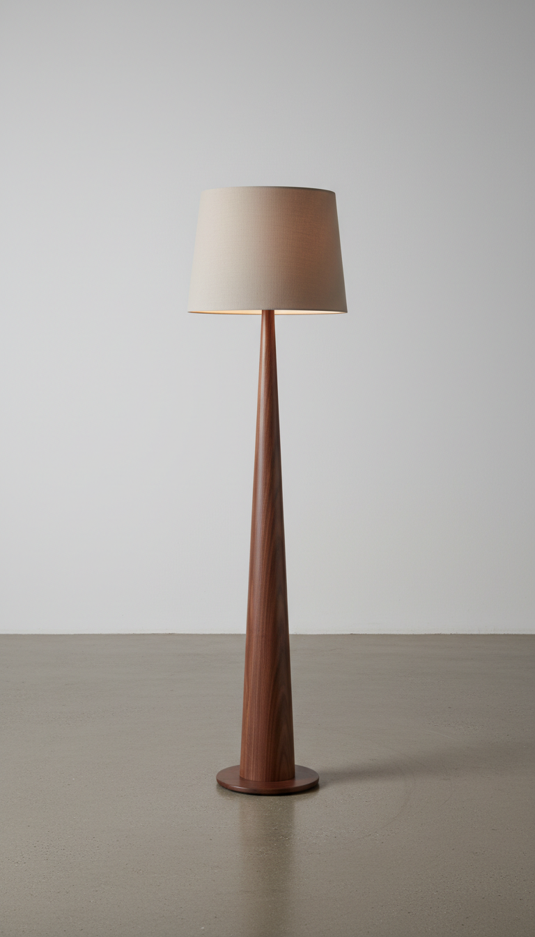 A walnut wood floor lamp standing centered in a minimalist studio setting. Captured at a 3/4 angle, the image emphasizes...