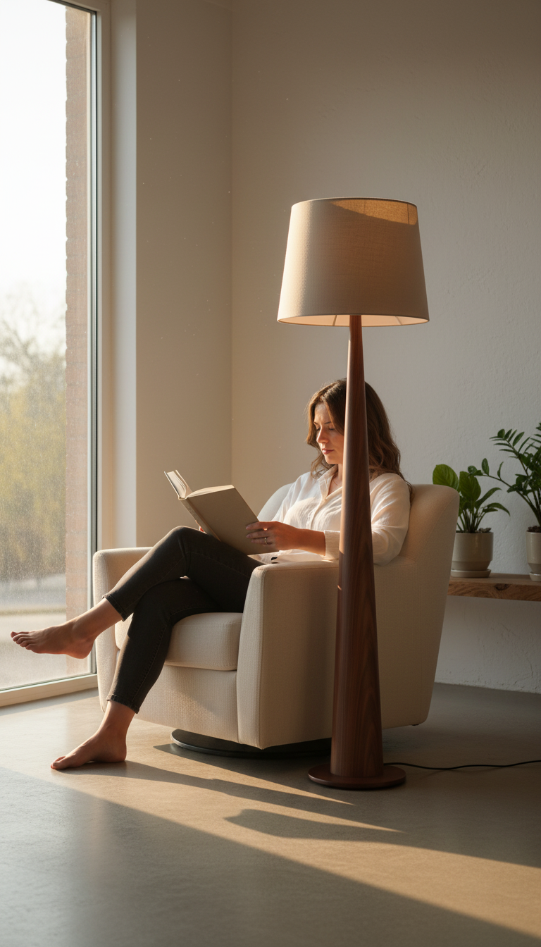 Walnut Wood Floor Lamp in use