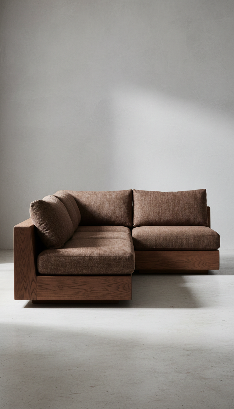 Photograph a Walnut Brown modular sofa crafted from sustainable materials, perfectly centered in the frame. Use soft, with...