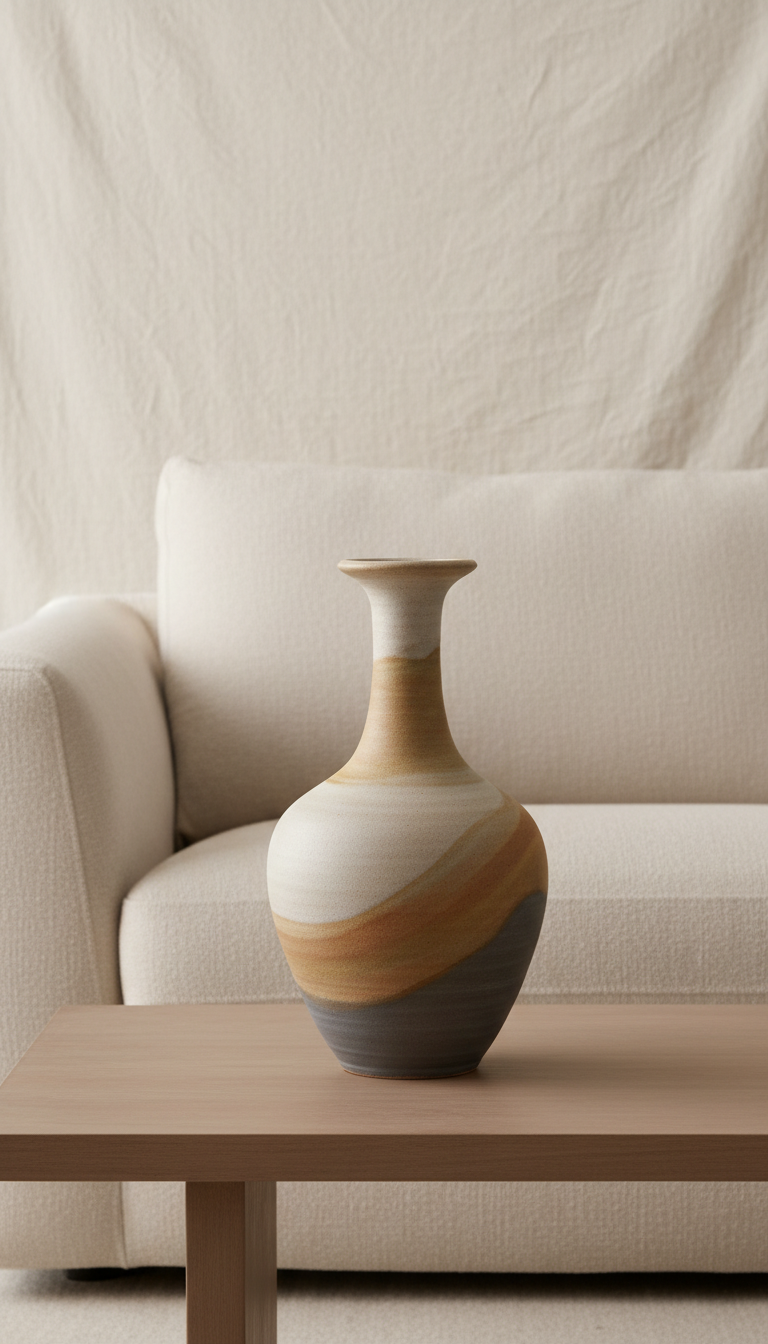 Handcrafted ceramic vase, perfectly centered horizontally and vertically with equal negative space above and below, color...