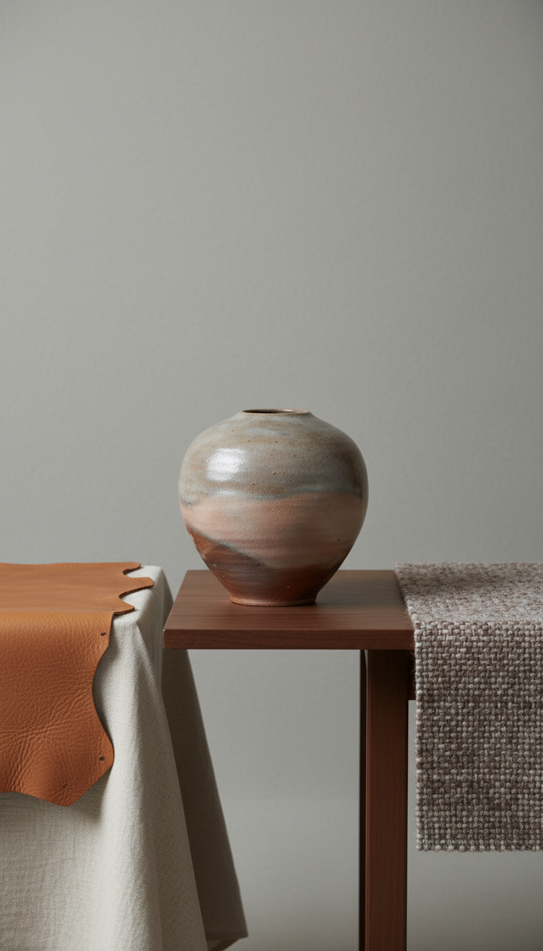 Bespoke handcrafted ceramic vessel, 3/4 angle on products placed on textured neutral surfaces (linen-draped plinths or...