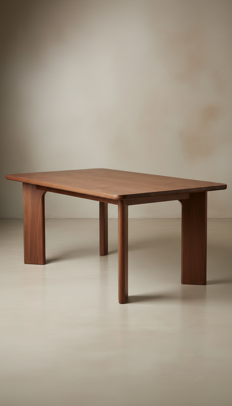 Alternate angle view of Walnut dining table with sculpted base